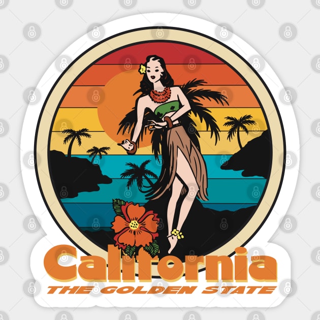 California The Golden State - Dancing Woman And Sunset Palms Sticker by Funky Chik’n